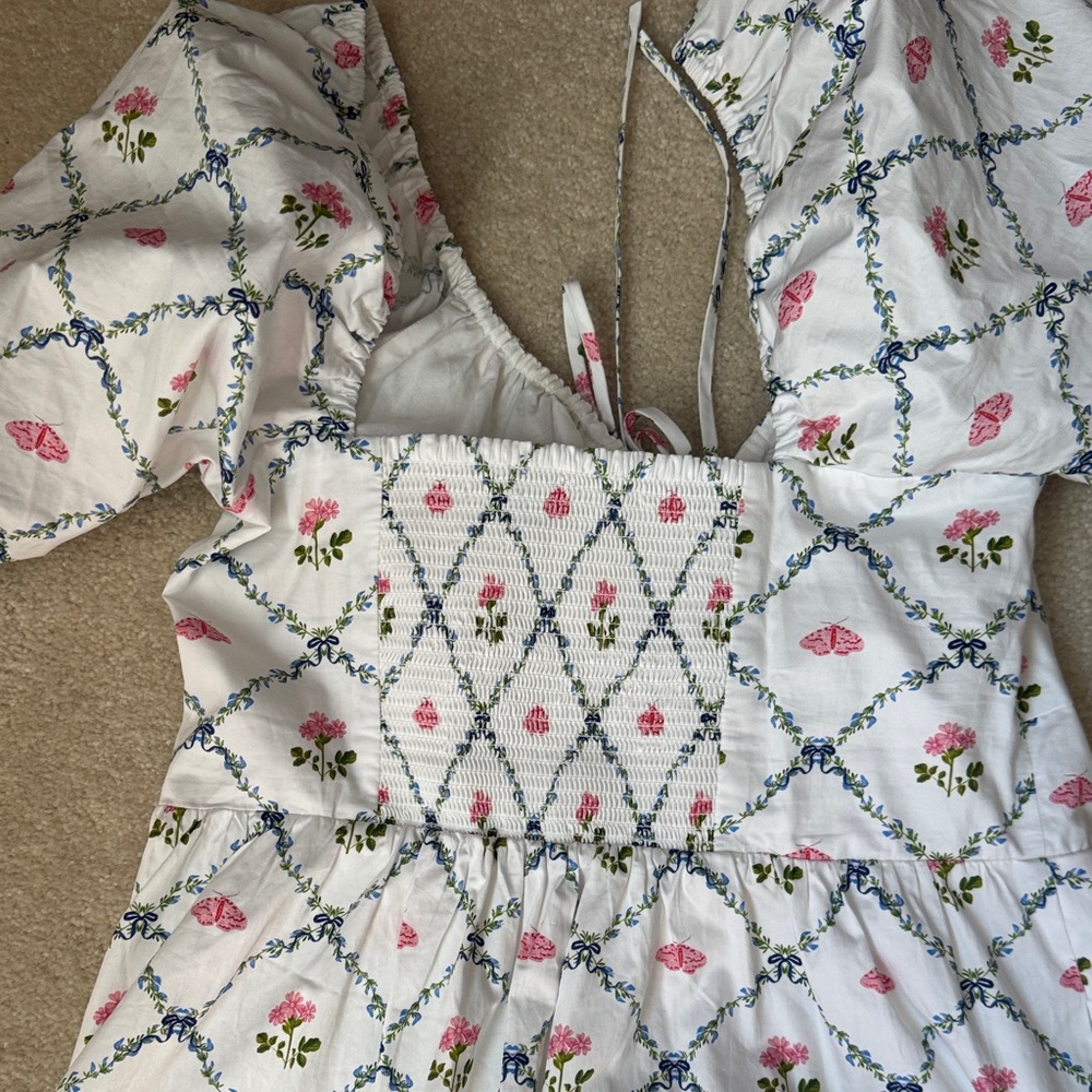 Hill House White Mini Dress with Pink & Blue Floral Lattice - Picture 9 of 15